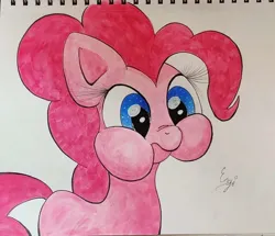 Size: 1496x1285 | Tagged: safe, artist:engi, derpibooru import, pinkie pie, earth pony, pony, cute, diapinkes, female, image, jpeg, missing cutie mark, nudity, photo, ponk, puffy cheeks, signature, simple background, solo, traditional art, watercolor painting