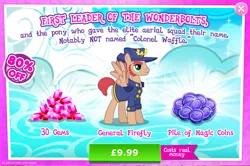 Size: 1958x1304 | Tagged: safe, derpibooru import, official, general firefly, pegasus, pony, advertisement, clothes, costs real money, english, gameloft, gem, hat, image, jpeg, magic coins, male, mobile game, my little pony: magic princess, numbers, sale, solo, solo focus, spread wings, stallion, text, wings