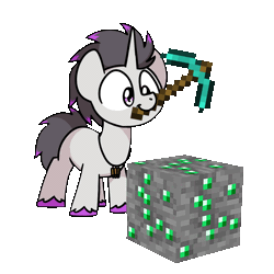 Size: 1000x1000 | Tagged: safe, artist:sugar morning, derpibooru import, oc, oc:haze rad, unofficial characters only, pony, unicorn, animated, cute, emerald ore, gif, highlights, horn, image, loop, male, minecraft, mining, mohawk, mouth hold, perfect loop, pickaxe, simple background, solo, stallion, sugar morning's miners, transparent background, unicorn oc