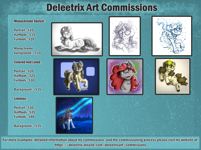 Size: 2000x1500 | Tagged: safe, artist:deleetrix, derpibooru import, pony, advertisement, bust, colored, commission, commission info, commissions open, commissions sheet, digital art, full body, half body, image, lineless, monochrome, png, portrait, shading, sketch, traditional art