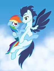 Size: 780x1024 | Tagged: safe, artist:soarindash8, derpibooru import, rainbow dash, soarin', pegasus, pony, female, flying, image, jpeg, looking at each other, looking at someone, male, mare, shipping, sky, smiling, smiling at each other, soarindash, stallion, straight