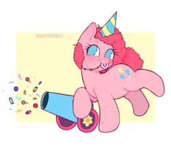 Size: 500x433 | Tagged: safe, artist:onionpwder, derpibooru import, pinkie pie, pony, chubby, freckles, hat, image, jewelry, necklace, party cannon, party hat, png, solo
