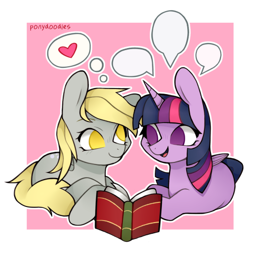 Size: 500x500 | Tagged: safe, artist:onionpwder, derpibooru import, derpy hooves, twilight sparkle, twilight sparkle (alicorn), alicorn, pony, book, female, heart, image, lesbian, png, shipping, speech bubble, talking, twerpy