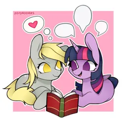 Size: 500x500 | Tagged: safe, artist:onionpwder, derpibooru import, derpy hooves, twilight sparkle, twilight sparkle (alicorn), alicorn, pony, book, female, heart, image, lesbian, png, shipping, speech bubble, talking, twerpy