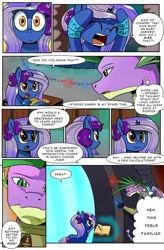 Size: 1280x1949 | Tagged: safe, artist:candyclumsy, derpibooru import, spike, oc, oc:nova sapphire, pony, unicorn, comic:revolution of harmony, bracelet, broken horn, drake, female, horn, image, jewelry, jpeg, mare, older, older spike, portal, runes, unicorn oc, writing