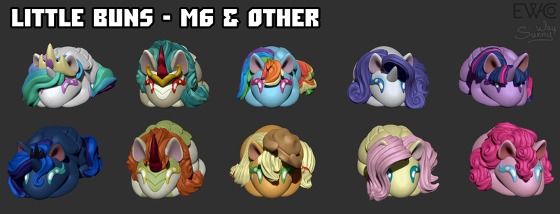 Size: 1600x611 | Tagged: safe, artist:sunny way, derpibooru import, applejack, autumn blaze, fluttershy, pinkie pie, princess celestia, princess luna, rain shine, rainbow dash, rarity, twilight sparkle, alicorn, earth pony, kirin, pegasus, pony, unicorn, 3d, art, artwork, bun, buns, chibi, cute, digital art, female, gray background, horn, image, mane six, mare, png, scale, simple background, smiling, wings, zbrush