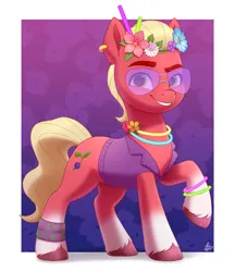 Size: 1600x1850 | Tagged: safe, artist:luminousdazzle, derpibooru import, sprout cloverleaf, earth pony, pony, g5, bridlewoodstock, clothes, flower, flower in hair, glasses, glowstick, gradient hooves, grin, hoof polish, image, looking at you, male, outfit, png, raised hoof, simple background, smiling, solo, stallion, sunglasses, vest