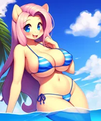 Size: 2560x3072 | Tagged: suggestive, derpibooru import, machine learning generated, stable diffusion, fluttershy, anthro, ai content, anime, belly button, big breasts, bikini, blue bikini, blue sky, blushing, breasts, cleavage, clothes, cloud, day, generator:purplesmart.ai, image, jpeg, long hair, looking at you, ocean, open mouth, open smile, palm tree, prompter:nightluna, sky, smiling, smiling at you, solo, standing, string bikini, swimsuit, tree, water