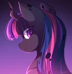 Size: 1497x1541 | Tagged: safe, artist:airiniblock, derpibooru import, twilight sparkle, changeling, pony, bust, changelingified, digital art, eye clipping through hair, female, gradient background, horn, icon, image, looking at you, mare, png, purple background, purple eyes, purple mane, rcf community, signature, simple background, solo, species swap