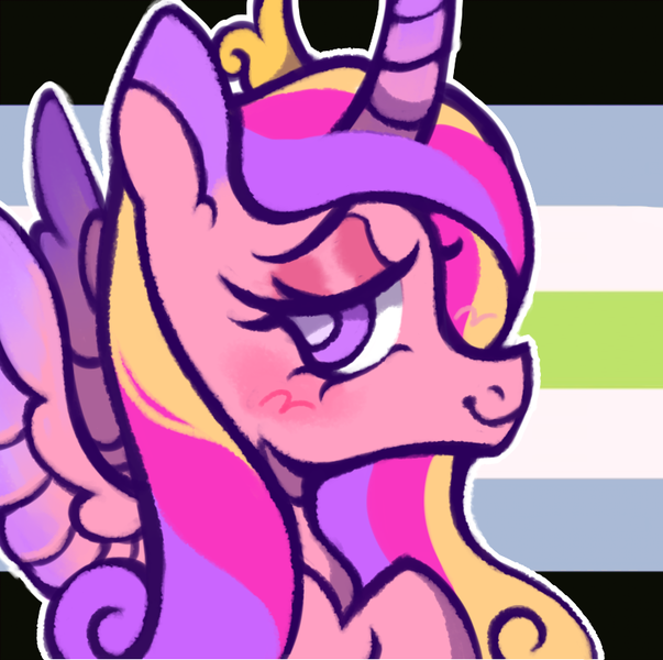 Size: 809x805 | Tagged: safe, artist:onionpwder, derpibooru import, princess cadance, pony, agender, agender pride flag, curved horn, horn, icon, image, png, pride, pride flag, smiling, spread wings, wings