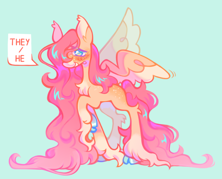 Size: 1280x1034 | Tagged: safe, artist:onionpwder, derpibooru import, fluttershy, pegasus, pony, alternate design, blue background, image, long mane, mouthpiece, nonbinary, png, pronouns, simple background, solo, twitterina design