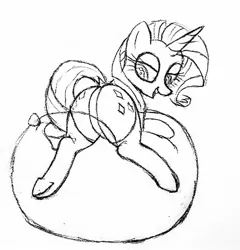 Size: 1601x1671 | Tagged: suggestive, artist:mizhisha, derpibooru import, rarity, pony, balloon, balloon fetish, balloon riding, bedroom eyes, black and white, butt, dock, featureless crotch, female, fetish, grayscale, image, jpeg, monochrome, pencil drawing, plot, sketch, solo, solo female, tail, that pony sure does love balloons, traditional art