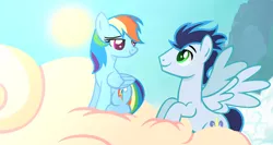 Size: 1223x653 | Tagged: safe, artist:hugsartist, derpibooru import, rainbow dash, soarin', pegasus, pony, base used, cloud, female, image, jpeg, looking at each other, looking at someone, male, mare, shipping, smiling, smiling at each other, soarindash, stallion, straight