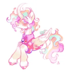 Size: 1280x1280 | Tagged: safe, artist:onionpwder, derpibooru import, princess celestia, alicorn, pony, alternate design, alternate hairstyle, blushing, clothes, cloven hooves, curved horn, female, folded wings, hawaiian shirt, horn, image, lesbian, lesbian pride flag, mouthpiece, nonbinary, nonbinary pride flag, png, pride, pride flag, shirt, short mane, simple background, twitterina design, white background, wings