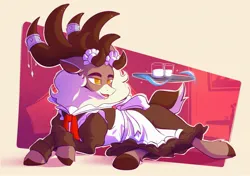 Size: 2700x1900 | Tagged: safe, artist:scribble-potato, derpibooru import, deer, reindeer, them's fightin' herds, buck, clothes, community related, crossdressing, crossed hooves, drink, glass, glass of milk, high res, image, jpeg, levitation, lying down, magic, maid, male, milk, prone, solo, stronghoof hoofstrong (tfh), telekinesis