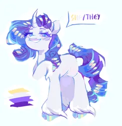 Size: 1280x1318 | Tagged: safe, artist:onionpwder, derpibooru import, rarity, pony, unicorn, blue background, cloven hooves, curved horn, horn, image, missing cutie mark, mouthpiece, nonbinary, nonbinary pride flag, png, pride, pride flag, pronouns, simple background, solo