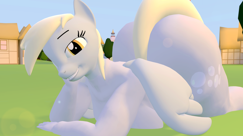 Size: 7111x4000 | Tagged: suggestive, artist:acid flask, derpibooru import, derpy hooves, anthro, pegasus, pony, 3d, absurd resolution, adult, ass, ass up, bedroom eyes, breasts, bubble butt, busty derpy hooves, butt, complete nudity, delicious flat chest, derpibooru exclusive, exhibitionism, female, gimp, huge butt, image, large butt, lens flare, looking at you, lying down, mare, nexgen, nudity, png, ponyville, prone, public nudity, smiling, smiling at you, source filmmaker, thighs, thunder thighs, wings