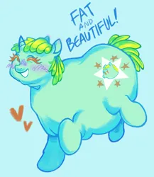 Size: 1046x1206 | Tagged: safe, artist:onionpwder, derpibooru import, whoa nelly, pony, unicorn, blue background, eyes closed, fat, floating heart, grin, heart, image, png, positive message, simple background, smiling, solo