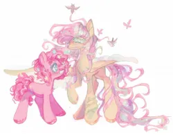 Size: 1280x997 | Tagged: safe, artist:onionpwder, derpibooru import, fluttershy, pinkie pie, bird, butterfly, earth pony, insect, pegasus, pony, duo, ethereal mane, ethereal tail, ethereal wings, female, flower, flower in hair, flutterpie, image, jpeg, lesbian, shipping, simple background, tail, vine, white background, wings