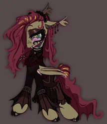 Size: 632x735 | Tagged: safe, artist:onionpwder, derpibooru import, fluttershy, bat pony, pony, bat ponified, choker, clothes, colored hooves, cross, cross necklace, dress, ear piercing, ear tufts, earring, eyeshadow, fangs, flutterbat, goth, gothic, image, jewelry, makeup, necklace, piercing, png, race swap, simple background, solo