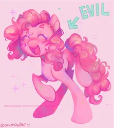 Size: 1068x1202 | Tagged: safe, artist:onionpwder, derpibooru import, pinkie pie, earth pony, pony, arrow, blush lines, blushing, evil, eyes closed, image, pink background, png, pure unfiltered evil, raised hoof, raised leg, simple background, smiling, solo, sparkles