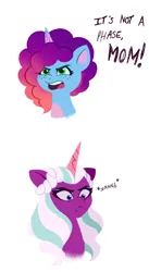 Size: 1685x3072 | Tagged: safe, artist:allisonpopick, derpibooru import, alicorn, pony, unicorn, g5, spoiler:g5, angry, duo, image, it's not a phase, misty brightdawn, opaline arcana, opaline arcana is not amused, png, scowl, simple background, unamused, white background