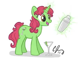 Size: 405x307 | Tagged: safe, artist:candy-janney, derpibooru import, oc, oc:teehee, ponified, unofficial characters only, alcohol pony, drink pony, food pony, object pony, original species, pony, unicorn, 2011, apple slice, appletini (drink), colored, drink, female, glass, horn, image, jpeg, magic, magic aura, mare, micro, shadow, signature, simple background, sketch, solo, unicorn oc, white background, wine glass