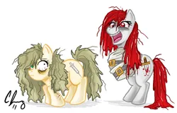 Size: 591x378 | Tagged: safe, artist:candy-janney, derpibooru import, oc, oc:methy, oc:stabby, unofficial characters only, earth pony, 2011, addiction, bags under eyes, bondage, colored, duo, duo female, earth pony oc, female, image, jpeg, messy mane, shadow, signature, simple background, straitjacket, white background