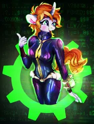 Size: 2500x3300 | Tagged: safe, artist:br0via, derpibooru import, oc, oc:littlepip, anthro, fallout equestria, clothes, female, form fitting, image, jumpsuit, png, solo, vault suit