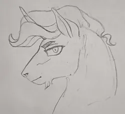 Size: 1984x1798 | Tagged: safe, artist:saby, derpibooru import, oc, oc:fritillary, unofficial characters only, pony, unicorn, black and white, bust, derpibooru exclusive, facial hair, flared nostrils, goatee, grayscale, image, looking at you, male, monochrome, pencil drawing, png, shrunken pupils, side view, simple background, smiling, smirk, solo, stallion, traditional art, wavy mane, white background