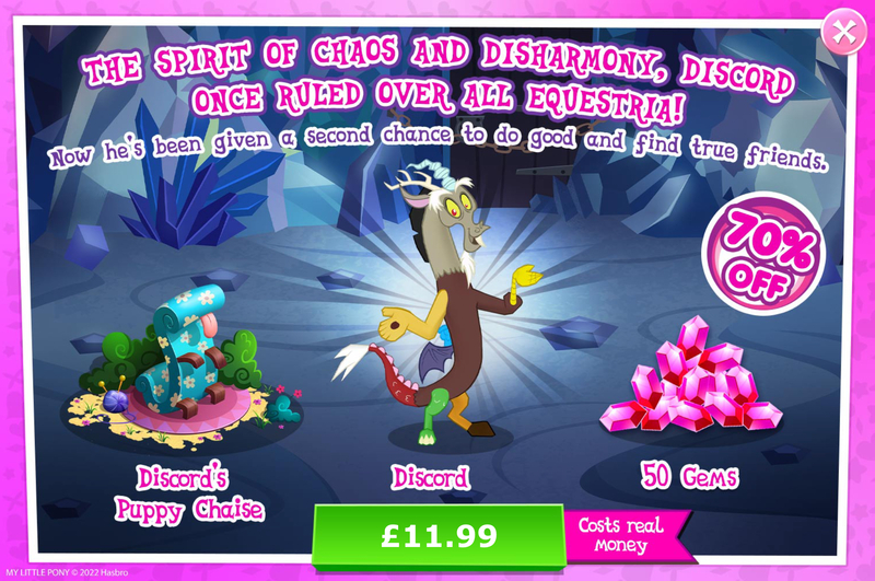 Size: 1958x1300 | Tagged: safe, derpibooru import, official, discord, draconequus, advertisement, beard, bush, cloven hooves, costs real money, english, facial hair, gameloft, gem, horns, image, jpeg, male, mobile game, my little pony: magic princess, numbers, sale, solo, text, wings