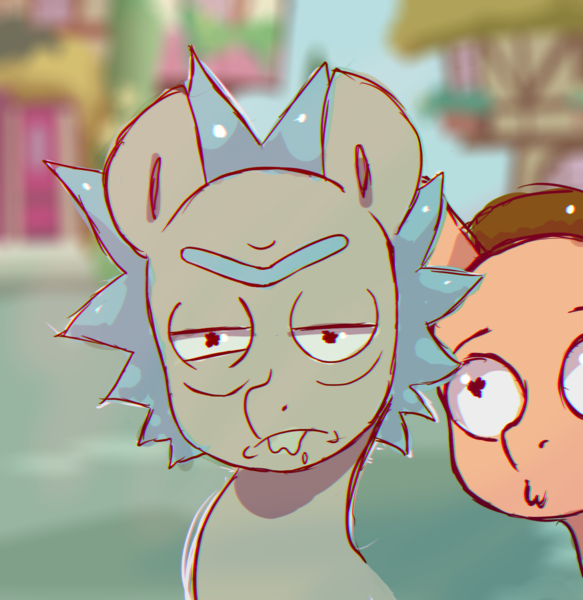 Size: 1458x1500 | Tagged: safe, artist:minckies, derpibooru import, ponified, earth pony, pony, bust, image, male, morty smith, outdoors, png, rick and morty, rick sanchez, stallion, unamused