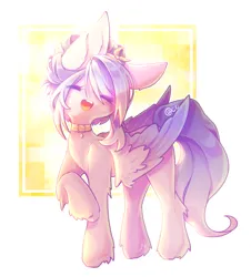 Size: 1993x2209 | Tagged: safe, alternate version, artist:prettyshinegp, derpibooru import, oc, oc:stardust, unofficial characters only, pegasus, pony, abstract background, collar, eyes closed, image, open mouth, pegasus oc, png, raised hoof, smiling, solo, wings