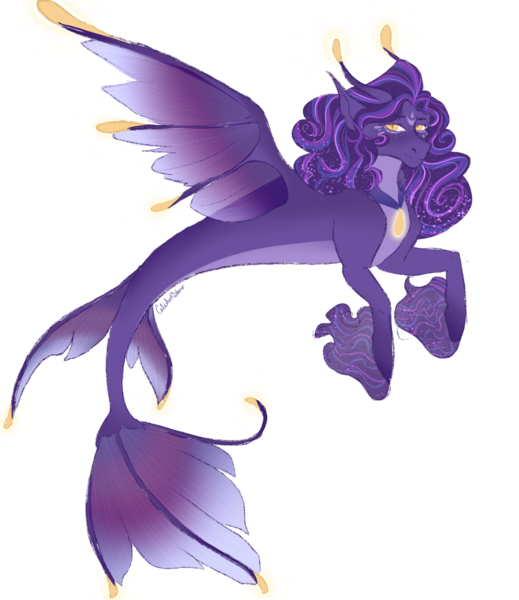 Size: 1257x1454 | Tagged: safe, artist:caliartshow, derpibooru import, oc, unofficial characters only, pony, seapony (g4), adoptable, clothes, digital art, dorsal fin, ethereal mane, eyelashes, female, fin, fin wings, fins, fish tail, flowing mane, flowing tail, image, jewelry, looking at you, mare, mermay, necklace, png, purple mane, seapony oc, see-through, signature, simple background, smiling, smiling at you, solo, spread wings, starry mane, tail, transparent background, wings, yellow eyes