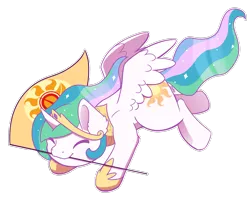 Size: 2763x2203 | Tagged: safe, artist:backgroundpony#f352, derpibooru import, princess celestia, alicorn, pony, clothes, commission, crown, cute, cutelestia, description is relevant, eyes closed, female, flag, horn, image, jewelry, mare, object in mouth, png, regalia, shoes, simple background, solar empire, solo, spread wings, transparent background, wings, ych example, your character here