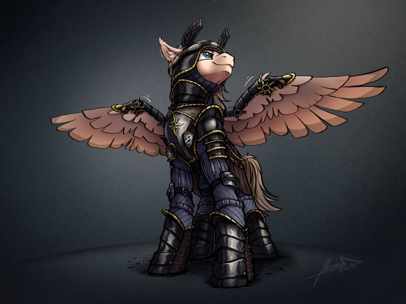 Size: 2048x1536 | Tagged: safe, artist:helmie-art, derpibooru import, oc, oc:dima, pegasus, pony, armor, cavalier, crossover, female, guard, helmet, image, jpeg, nilfgaard, simple background, soldier, solo, the witcher, the witcher 3, wings, witcher