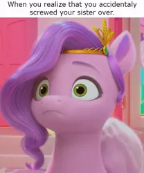 Size: 534x642 | Tagged: safe, derpibooru import, edit, edited screencap, screencap, pipp petals, pegasus, pony, g5, my little pony: make your mark, my little pony: make your mark chapter 2, :<, caption, diadem, female, frown, headband, hoof done it?, image, implied zipp storm, izzy does it, jewelry, jpeg, mare, meme, misspelling, oops, regalia, solo, text, this will end in tears