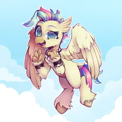 Size: 1500x1500 | Tagged: safe, artist:onionpwder, derpibooru import, terramar, hippogriff, pony, alternate hair color, bracelet, cloud, dyed mane, ear piercing, eyebrows, flying, image, jewelry, male, necklace, open mouth, piercing, png, pride, pride flag, raised eyebrow, sky, solo, trans male, transgender, transgender pride flag, wristband