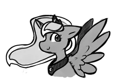 Size: 1251x854 | Tagged: safe, artist:zutcha, derpibooru import, princess luna, alicorn, pony, female, grayscale, image, looking at you, mare, monochrome, png, profile, simple background, smiling, smiling at you, solo, spread wings, white background, wings