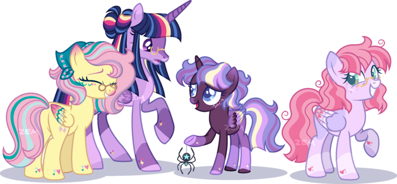 Size: 1280x594 | Tagged: safe, artist:zemmalouz, derpibooru import, fluttershy, twilight sparkle, twilight sparkle (alicorn), oc, oc:dappled light, oc:serene lullaby, alicorn, pegasus, pony, spider, star spider, base used, family, female, glasses, image, lesbian, magical lesbian spawn, mare, offspring, older, older fluttershy, older twilight, parent:fluttershy, parent:twilight sparkle, parents:twishy, png, shipping, simple background, transparent background, twishy, ultimate twilight