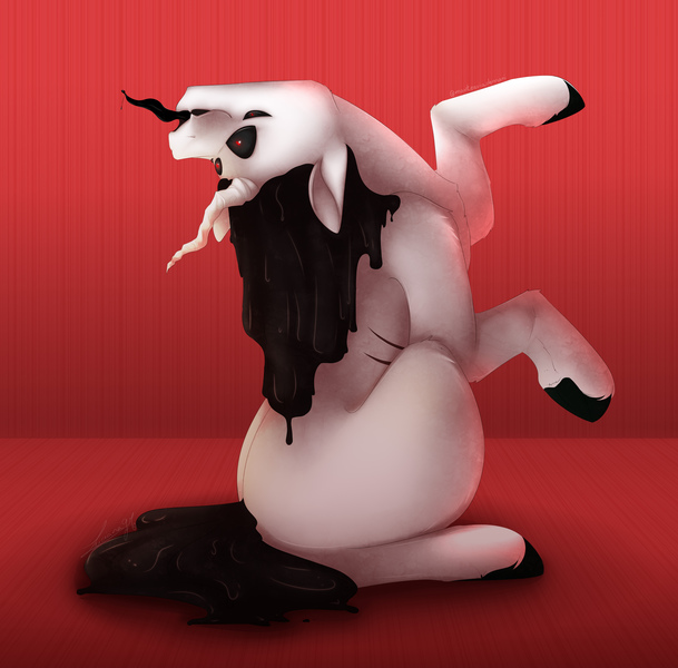 Size: 8560x8432 | Tagged: safe, artist:mantequiademani, derpibooru import, oc, oc:neeble, goo, monster pony, black mane, black sclera, black tail, black tongue, cloven hooves, crooked horn, dripping, fangs, horn, image, jpeg, looking back, male, markings, multiple eyes, raised hoof, red background, red eyes, red pupils, scar, simple background, sitting, slime, solo, solo male, tail, tongue out, upside down, wet, wet mane, wet tail, white coat