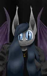 Size: 791x1280 | Tagged: safe, artist:darkhestur, derpibooru import, oc, oc:dark, anthro, bat pony, anthro oc, bat pony oc, bat wings, black background, clothes, fangs, image, jacket, jewelry, leather, leather jacket, looking at you, pendant, png, selfie, simple background, smiling, wings