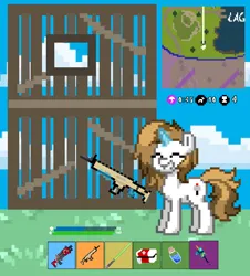 Size: 720x796 | Tagged: safe, artist:fluffymarsh, derpibooru import, oc, oc:fluffymarsh, llama, pony, unicorn, pony town, assault rifle, building, crossover, eyes closed, female, fortnite, glow, glowing horn, gun, health bars, horn, image, life bar, lightsaber, magic, mare, medkit, mini shield, minimap, pickaxe, pixel art, png, rifle, shotgun, silly, simple background, smiling, star wars, storm, telekinesis, this will end in a victory royale, weapon