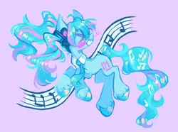 Size: 1503x1119 | Tagged: safe, artist:onionpwder, derpibooru import, kotobukiya, ponified, earth pony, pony, blushing, eyes closed, hatsune miku, headphones, image, jpeg, kotobukiya hatsune miku pony, music notes, necktie, ponytails, purple background, simple background, smiling, solo, vocaloid