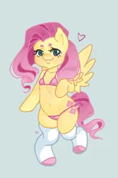 Size: 1280x1920 | Tagged: suggestive, artist:littlealziwaifu, derpibooru import, fluttershy, pegasus, pony, beanbrows, belly button, bikini, bipedal, clothes, eyebrows, female, gray background, heart, image, jpeg, mare, simple background, smiling, socks, solo, spread wings, stockings, swimsuit, thigh highs, wings