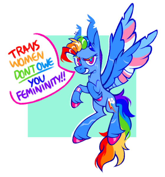 Size: 1042x1119 | Tagged: safe, artist:onionpwder, derpibooru import, rainbow dash, pegasus, pony, alternate hairstyle, comments locked down, ear piercing, earring, female, grin, image, jewelry, mare, mouthpiece, partially transparent background, piercing, png, pride, pride flag, redesign, smiling, solo, speech bubble, spread wings, trans female, transgender, transgender pride flag, unshorn fetlocks, wings, wristband