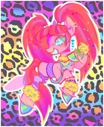 Size: 1173x1431 | Tagged: safe, artist:onionpwder, derpibooru import, pacific glow, earth pony, pony, bracelet, ear piercing, image, jewelry, leopard print, necklace, piercing, png, ponytails, rainbow colors, solo