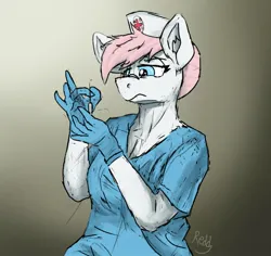 Size: 1737x1638 | Tagged: safe, artist:reddthebat, derpibooru import, anthro, earth pony, pony, breasts, cleavage, clothes, female, frown, gloves, gradient background, image, jpeg, looking at something, mare, medical gloves, rubber gloves, scrubs (gear), solo, syringe