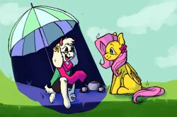 Size: 1280x848 | Tagged: safe, artist:cottageram, derpibooru import, fluttershy, pegasus, pony, crossover, deltarune, duo, flower, flower in hair, image, looking at each other, looking at someone, missing cutie mark, open mouth, open smile, parasol (umbrella), png, ralsei, sitting on person, smiling, smiling at each other