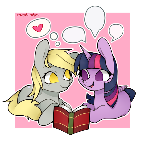 Size: 1000x1000 | Tagged: safe, artist:onionpwder, derpibooru import, derpy hooves, twilight sparkle, twilight sparkle (alicorn), alicorn, pegasus, pony, book, crack shipping, cute, derpabetes, female, folded wings, g4, heart, horn, image, lesbian, lying down, mare, no pupils, open mouth, open smile, passepartout, png, prone, reading, shipping, signature, smiling, speech bubble, tail, talking, thought bubble, twerpy, twiabetes, wings